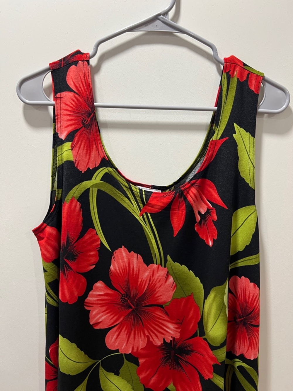 Black Floral Tank Dress with Red Hibiscus Print